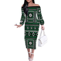 Fiji Masi Tapa Pattern Green Family Matching Off The Shoulder Long Sleeve Dress and Hawaiian Shirt - Polynesian Pride