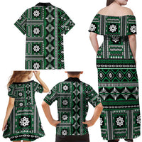 Fiji Masi Tapa Pattern Green Family Matching Off Shoulder Maxi Dress and Hawaiian Shirt - Polynesian Pride
