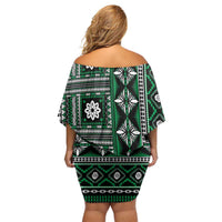 Fiji Masi Tapa Pattern Green Family Matching Off Shoulder Short Dress and Hawaiian Shirt - Polynesian Pride