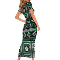 Fiji Masi Tapa Pattern Green Family Matching Short Sleeve Bodycon Dress and Hawaiian Shirt - Polynesian Pride