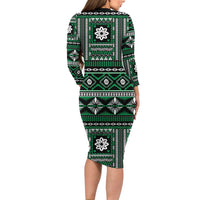 Fiji Masi Tapa Pattern Green Long Sleeve Bodycon Dress - Polynesian Pride