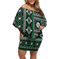 Fiji Masi Tapa Pattern Green Off Shoulder Short Dress - Polynesian Pride