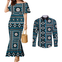 Fiji Masi Tapa Pattern Blue Couples Matching Mermaid Dress and Long Sleeve Button Shirt - Polynesian Pride