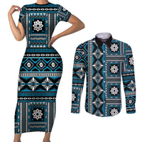Fiji Masi Tapa Pattern Blue Couples Matching Short Sleeve Bodycon Dress and Long Sleeve Button Shirt - Polynesian Pride