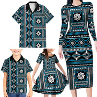 Fiji Masi Tapa Pattern Blue Family Matching Long Sleeve Bodycon Dress and Hawaiian Shirt - Polynesian Pride