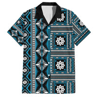 Fiji Masi Tapa Pattern Blue Family Matching Long Sleeve Bodycon Dress and Hawaiian Shirt - Polynesian Pride