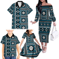 Fiji Masi Tapa Pattern Blue Family Matching Off The Shoulder Long Sleeve Dress and Hawaiian Shirt - Polynesian Pride