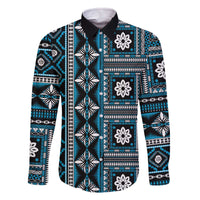 Fiji Masi Tapa Pattern Blue Family Matching Off The Shoulder Long Sleeve Dress and Hawaiian Shirt - Polynesian Pride