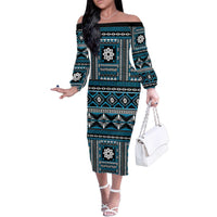 Fiji Masi Tapa Pattern Blue Family Matching Off The Shoulder Long Sleeve Dress and Hawaiian Shirt - Polynesian Pride
