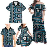 Fiji Masi Tapa Pattern Blue Family Matching Off Shoulder Maxi Dress and Hawaiian Shirt - Polynesian Pride