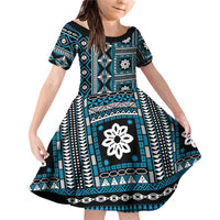 Fiji Masi Tapa Pattern Blue Family Matching Off Shoulder Short Dress and Hawaiian Shirt - Polynesian Pride