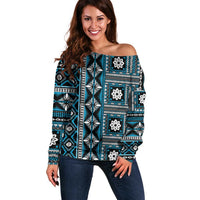 Fiji Masi Tapa Pattern Blue Off Shoulder Sweater - Polynesian Pride