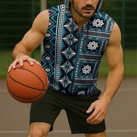 Fiji Masi Tapa Pattern Blue Sleeveless Zip Hoodie - Polynesian Pride