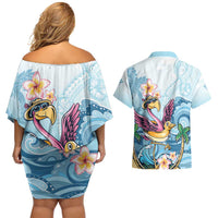 Hawaii Flamingo Couples Matching Off Shoulder Short Dress and Hawaiian Shirt Plumeria Tropical Beach LT01 - Polynesian Pride