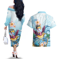 Hawaii Flamingo Couples Matching Off The Shoulder Long Sleeve Dress and Hawaiian Shirt Plumeria Tropical Beach LT01 - Polynesian Pride