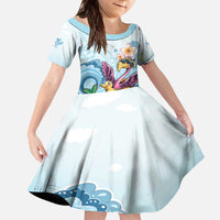 Hawaii Flamingo Family Matching Off The Shoulder Long Sleeve Dress and Hawaiian Shirt Plumeria Tropical Beach LT01 Daughter's Dress Blue - Polynesian Pride