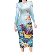 Hawaii Flamingo Long Sleeve Bodycon Dress Plumeria Tropical Beach