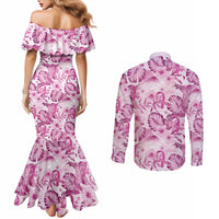 Pink Ribbon Hibiscus Tropical Pattern Couples Matching Mermaid Dress and Long Sleeve Button Shirt Breast Cancer