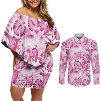Pink Ribbon Hibiscus Tropical Pattern Couples Matching Off Shoulder Short Dress and Long Sleeve Button Shirt Breast Cancer LT01 Pink - Polynesian Pride
