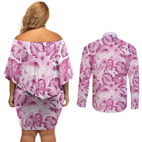 Pink Ribbon Hibiscus Tropical Pattern Couples Matching Off Shoulder Short Dress and Long Sleeve Button Shirt Breast Cancer LT01 - Polynesian Pride