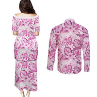 Pink Ribbon Hibiscus Tropical Pattern Couples Matching Puletasi and Long Sleeve Button Shirt Breast Cancer