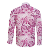Pink Ribbon Hibiscus Tropical Pattern Long Sleeve Button Shirt Breast Cancer