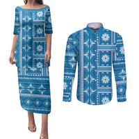 Fiji Masi All Blue Couples Matching Puletasi and Long Sleeve Button Shirt Tapa Pattern - Polynesian Pride