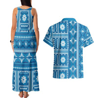 Fiji Masi All Blue Couples Matching Tank Maxi Dress and Hawaiian Shirt Tapa Pattern - Polynesian Pride