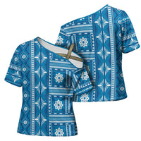 Fiji Masi All Blue Cross Shoulder Shirt Tapa Pattern - Polynesian Pride