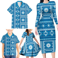 Fiji Masi All Blue Family Matching Long Sleeve Bodycon Dress and Hawaiian Shirt Tapa Pattern - Polynesian Pride