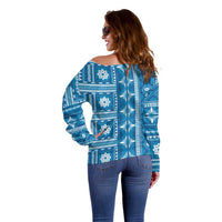 Fiji Masi All Blue Off Shoulder Sweater Tapa Pattern - Polynesian Pride