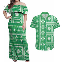 Fiji Masi All Green Couples Matching Off Shoulder Maxi Dress and Hawaiian Shirt Tapa Pattern - Polynesian Pride