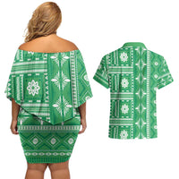 Fiji Masi All Green Couples Matching Off Shoulder Short Dress and Hawaiian Shirt Tapa Pattern - Polynesian Pride