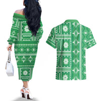 Fiji Masi All Green Couples Matching Off The Shoulder Long Sleeve Dress and Hawaiian Shirt Tapa Pattern - Polynesian Pride