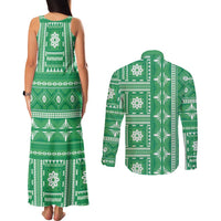 Fiji Masi All Green Couples Matching Tank Maxi Dress and Long Sleeve Button Shirt Tapa Pattern - Polynesian Pride