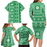 Fiji Masi All Green Family Matching Long Sleeve Bodycon Dress and Hawaiian Shirt Tapa Pattern - Polynesian Pride