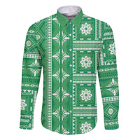 Fiji Masi All Green Family Matching Off The Shoulder Long Sleeve Dress and Hawaiian Shirt Tapa Pattern - Polynesian Pride