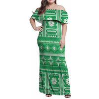 Fiji Masi All Green Family Matching Off Shoulder Maxi Dress and Hawaiian Shirt Tapa Pattern - Polynesian Pride