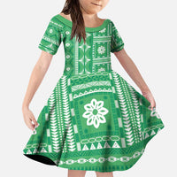 Fiji Masi All Green Family Matching Puletasi and Hawaiian Shirt Tapa Pattern LT01 Daughter's Dress Green - Polynesian Pride