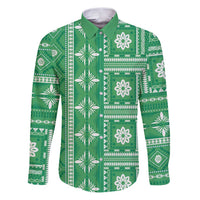 Fiji Masi All Green Family Matching Puletasi and Hawaiian Shirt Tapa Pattern LT01 Dad's Shirt - Long Sleeve Green - Polynesian Pride