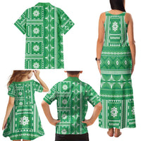 Fiji Masi All Green Family Matching Tank Maxi Dress and Hawaiian Shirt Tapa Pattern - Polynesian Pride