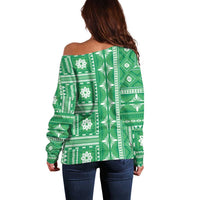 Fiji Masi All Green Off Shoulder Sweater Tapa Pattern - Polynesian Pride