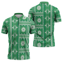 Fiji Masi All Green Zipper Polo Shirt Tapa Pattern - Polynesian Pride