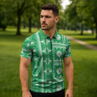 Fiji Masi All Green Zipper Polo Shirt Tapa Pattern - Polynesian Pride