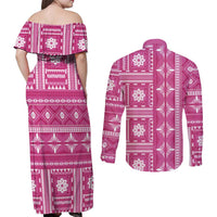 Fiji Masi All Pink Couples Matching Off Shoulder Maxi Dress and Long Sleeve Button Shirt Tapa Pattern - Polynesian Pride