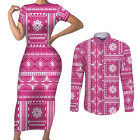 Fiji Masi All Pink Couples Matching Short Sleeve Bodycon Dress and Long Sleeve Button Shirt Tapa Pattern - Polynesian Pride