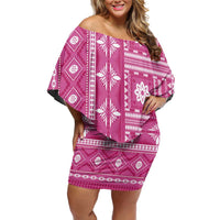Fiji Masi All Pink Family Matching Off Shoulder Short Dress and Hawaiian Shirt Tapa Pattern - Polynesian Pride