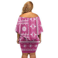 Fiji Masi All Pink Off Shoulder Short Dress Tapa Pattern - Polynesian Pride