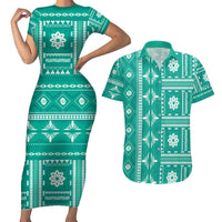Fiji Masi All Teal Couples Matching Short Sleeve Bodycon Dress and Hawaiian Shirt Tapa Pattern - Polynesian Pride