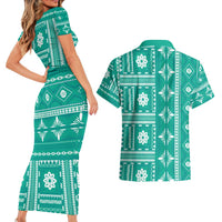 Fiji Masi All Teal Couples Matching Short Sleeve Bodycon Dress and Hawaiian Shirt Tapa Pattern - Polynesian Pride